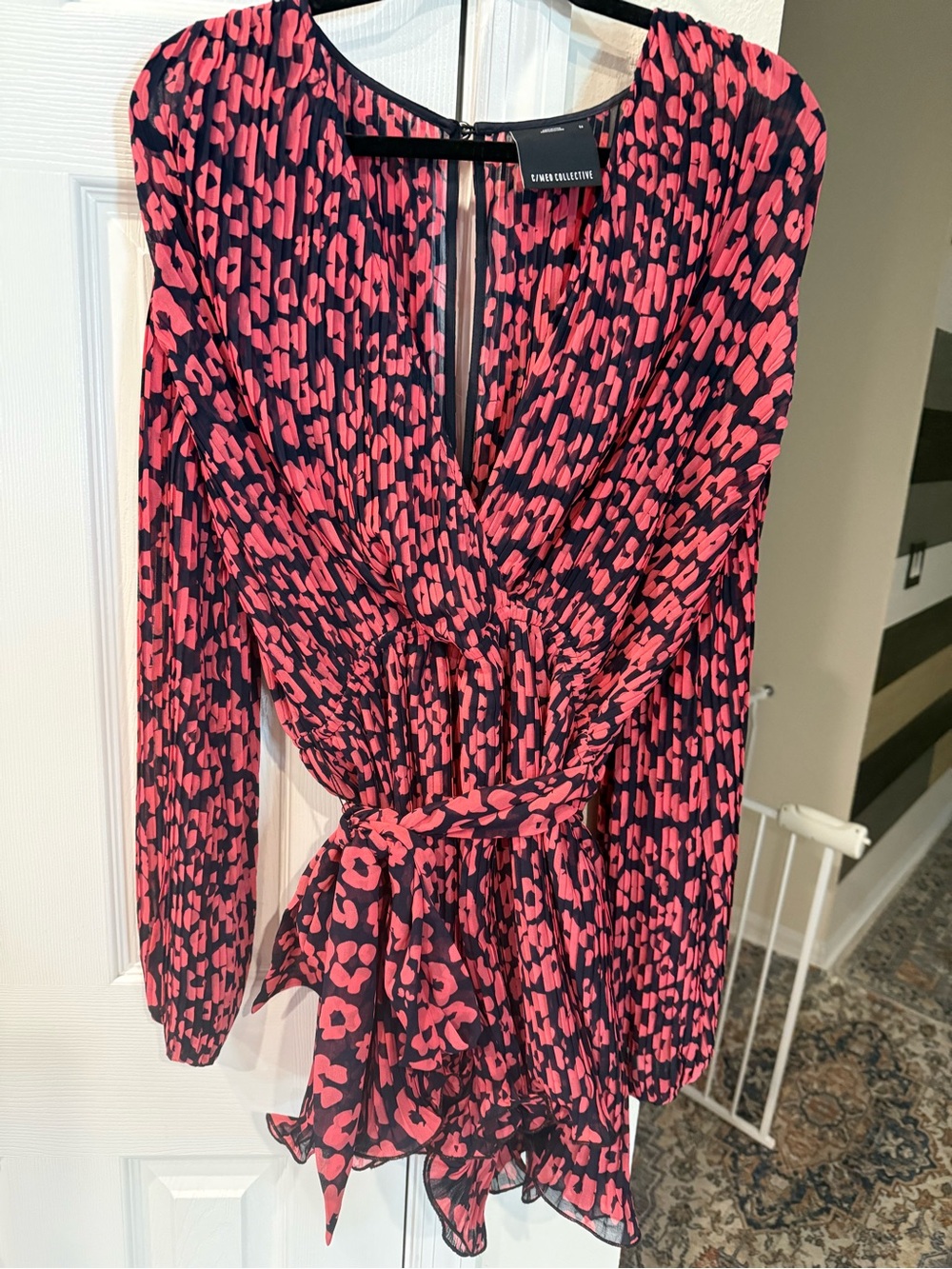 Pink and Navy Leopard Print Long-Sleeve Flowy Wrap Romper